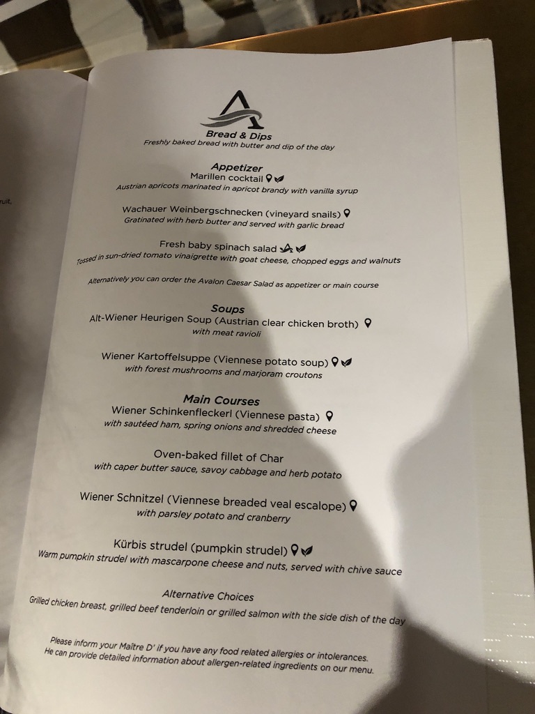 An Austrian-themed dinner menu from our December 2019 sailing.