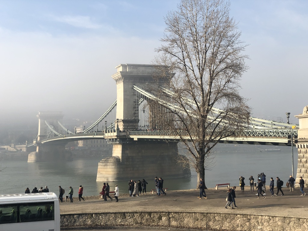 Budapest’s Chain Bridge in winter haze.
