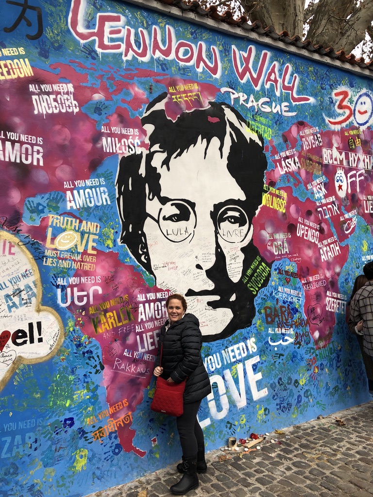 The brightly painted Lennon Wall during our December 2019 visit.