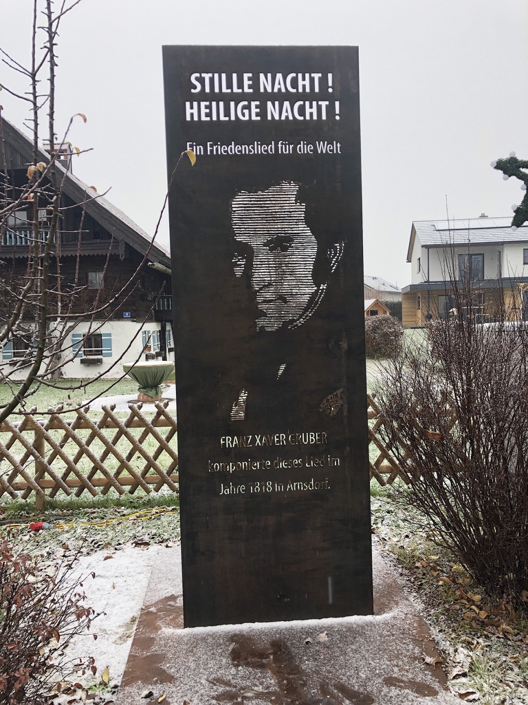 The Franz Xaver Gruber memorial in Arnsdorf, with a dusting of snow.