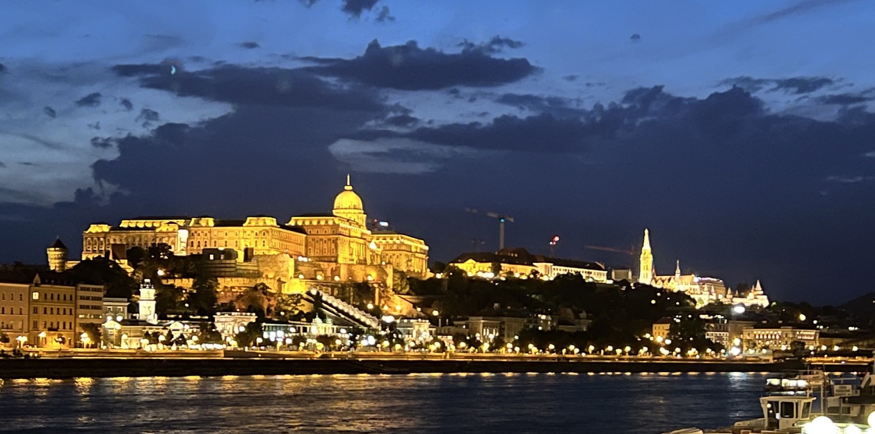 Budapest’s illuminated hillside and waterfront after dark.