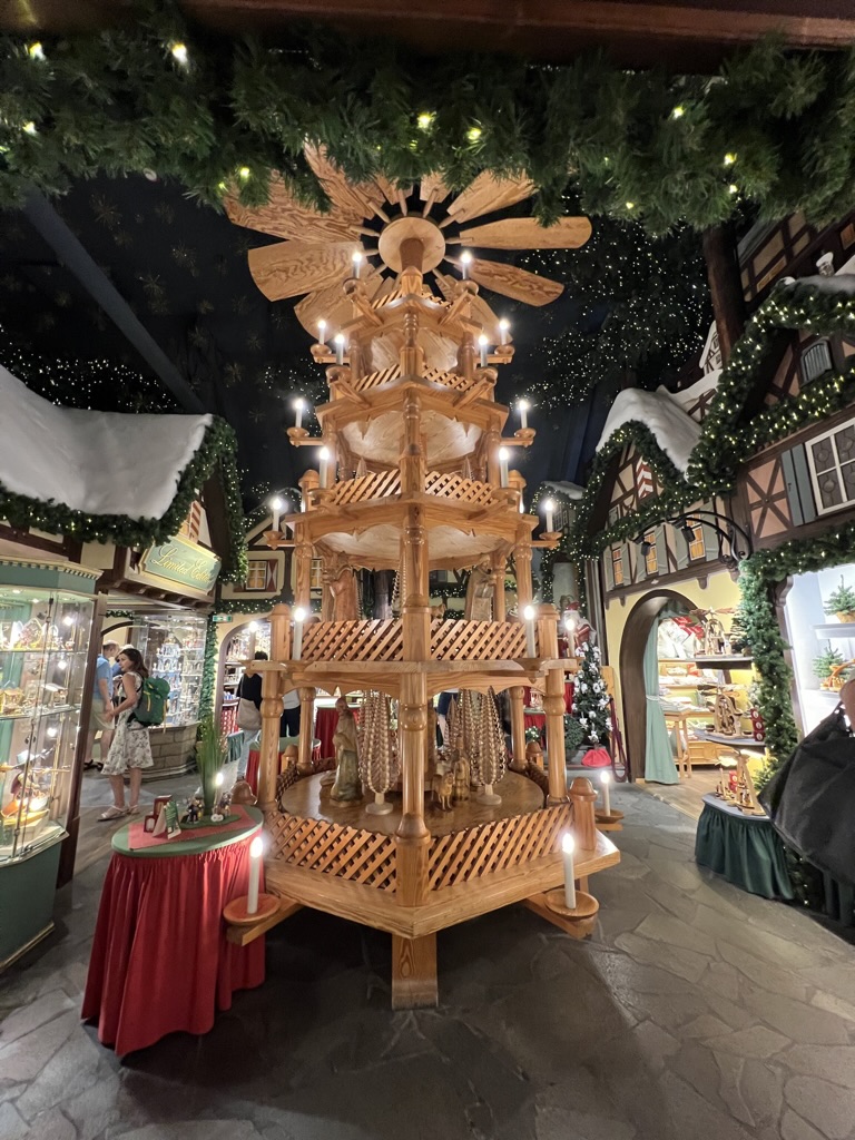 A towering wooden Christmas pyramid during our Christmas-shop visit.