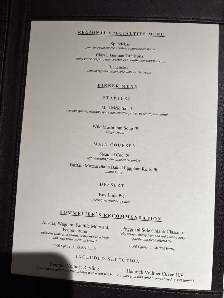 Viking dinner menu with German regional specialties and other courses