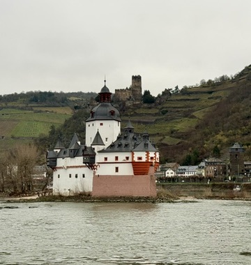 White castle on an island in the Rhine with hillside vineyards and another castle behind it