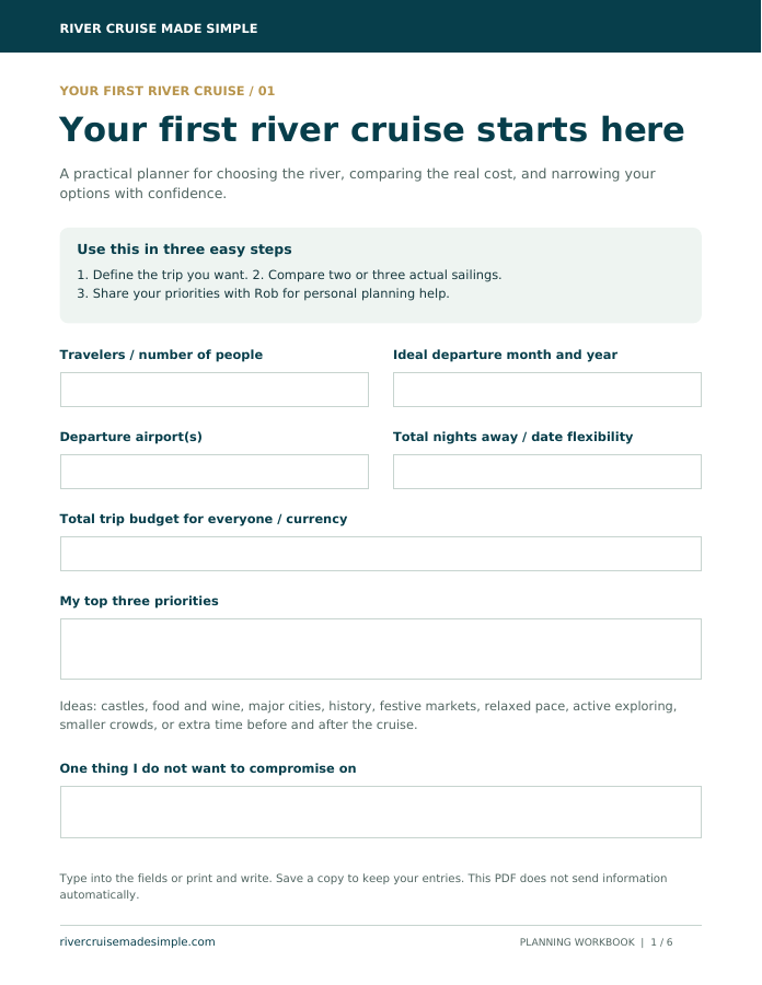 Preview of page one of the fillable First-Time European River Cruise Planner
